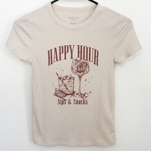 AMERICAN EAGLE Ribbed Short Sleeve Tee Graphic T-Shirt Cream XS